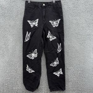 Shein Womens Size Small Straight Leg White Butterflies Black‎ Denim Jeans Boho